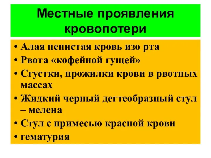 Алая пенистая кровь изо рта Рвота «кофейной гущей» Сгустки, прожилки крови