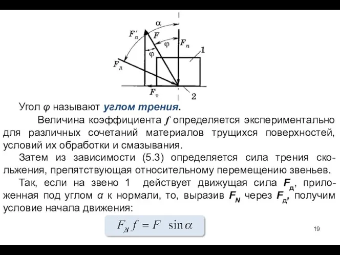 Угол φ называют углом трения. Величина коэффициента f определяется экспериментально для