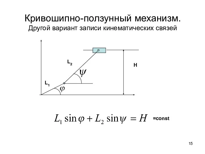 Кривошипно-ползунный механизм. Другой вариант записи кинематических связей Н L1 L2 =const