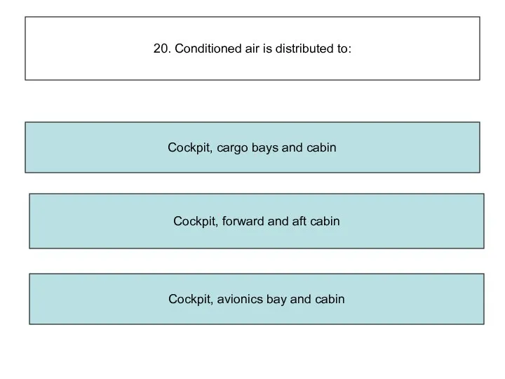 20. Conditioned air is distributed to: Cockpit, cargo bays and cabin