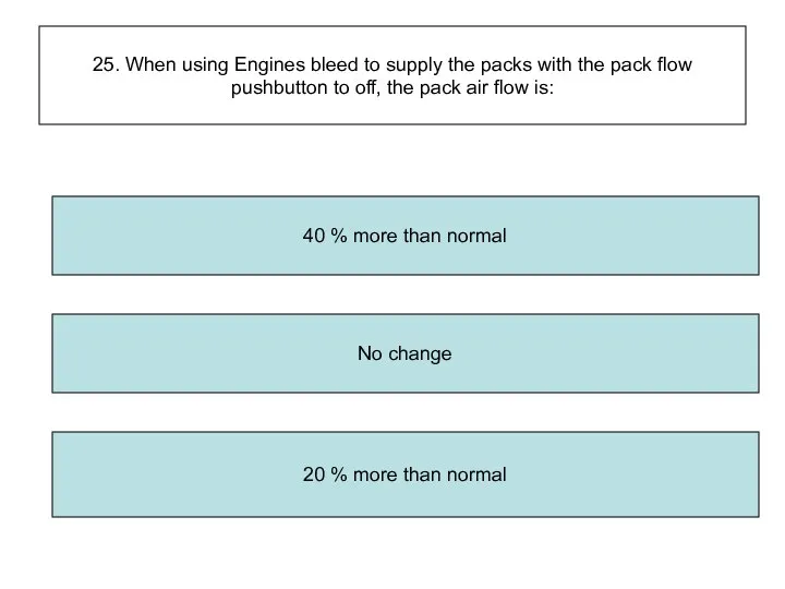 25. When using Engines bleed to supply the packs with the