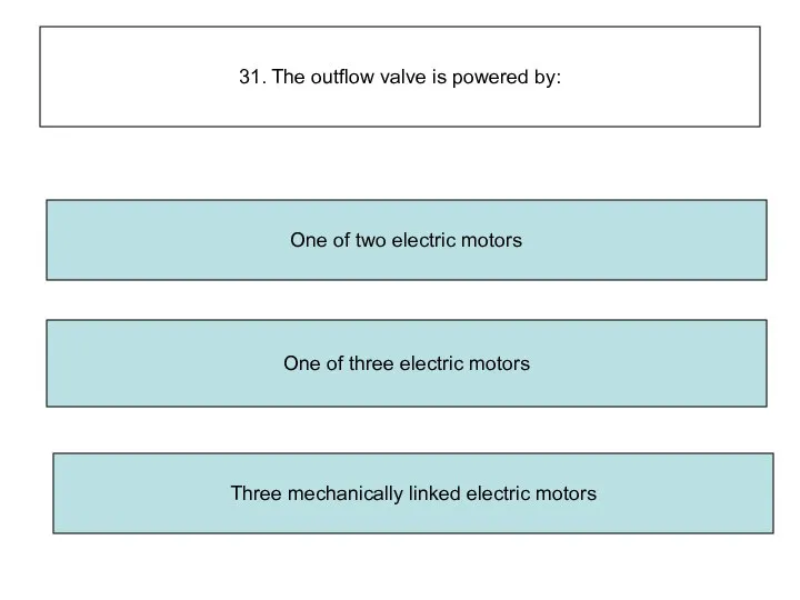 31. The outflow valve is powered by: Three mechanically linked electric