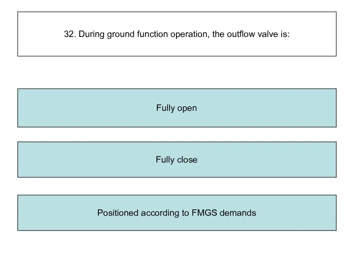 32. During ground function operation, the outflow valve is: Fully close