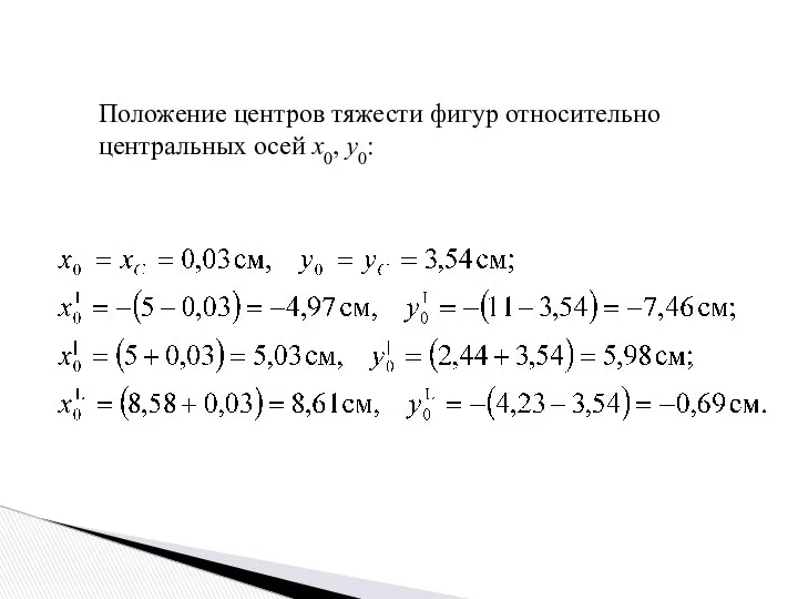 Положение центров тяжести фигур относительно центральных осей x0, y0: