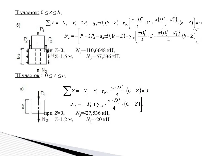 II участок: 0 ≤ Z ≤ b, при Z=0, N2=-110,6648 кН,