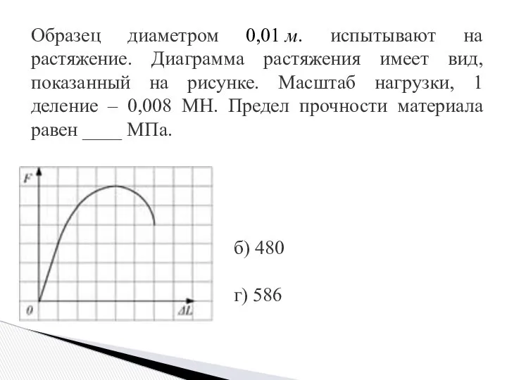 Образец диаметром 0,01 м. испытывают на растяжение. Диаграмма растяжения имеет вид,