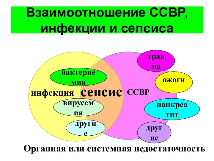 Взаимоотношение ССВР, инфекции и сепсиса Органная или системная недостаточность