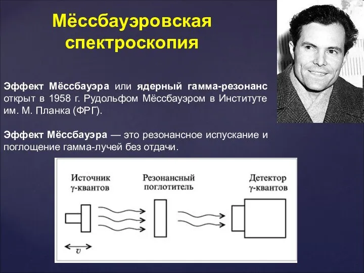 Мёссбауэровская спектроскопия Эффект Мёссбауэра или ядерный гамма-резонанс открыт в 1958 г.