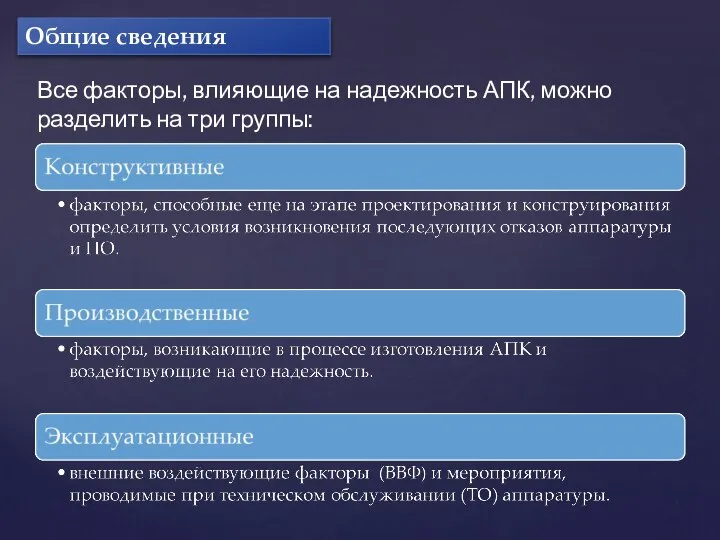 Все факторы, влияющие на надежность АПК, можно разделить на три группы: Общие сведения