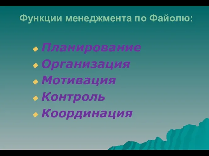 Функции менеджмента по Файолю: Планирование Организация Мотивация Контроль Координация