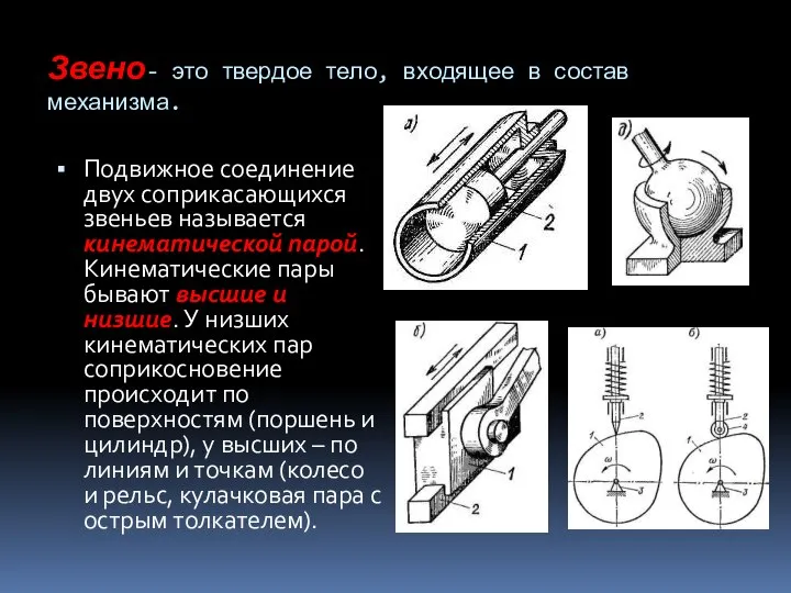 Звено- это твердое тело, входящее в состав механизма. Подвижное соединение двух