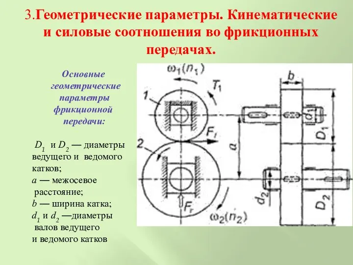 3.Геометрические параметры. Кинематические и силовые соотношения во фрикционных передачах. Основные геометрические