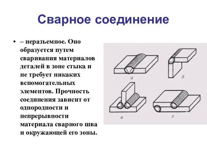 Сварное соединение – неразъемное. Оно образуется путем сваривания материалов деталей в