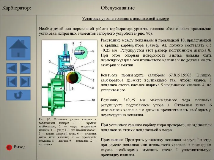 Выход Установка уровня топлива в поплавковой камере Необходимый для нормальной работы