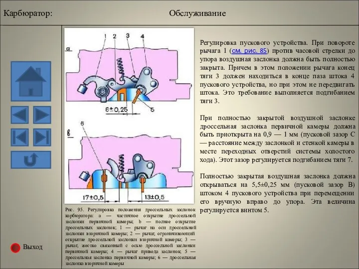 Выход Рис. 95. Регулировка положения дроссельных заслонок карбюратора: а — частичное