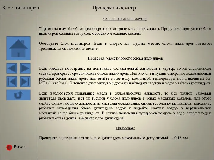 Выход Проверка и осмотр Общая очистка и осмотр Тщательно вымойте блок