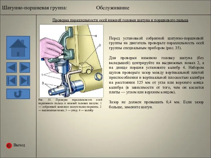 Выход Проверка параллельности осей нижней головки шатуна и поршневого пальца Рис.