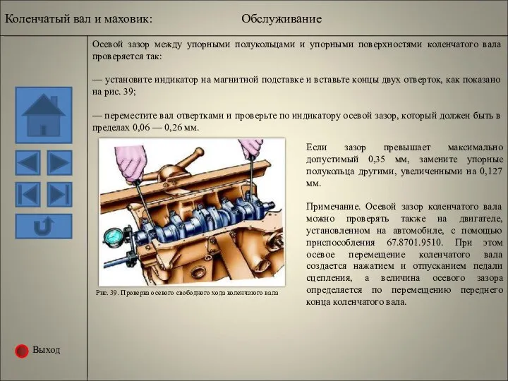 Выход Осевой зазор между упорными полукольцами и упорными поверхностями коленчатого вала