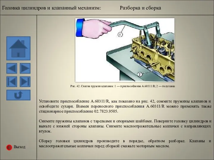 Выход Рис. 42. Снятие пружин клапанов: 1 — приспособление A.60311/R; 2