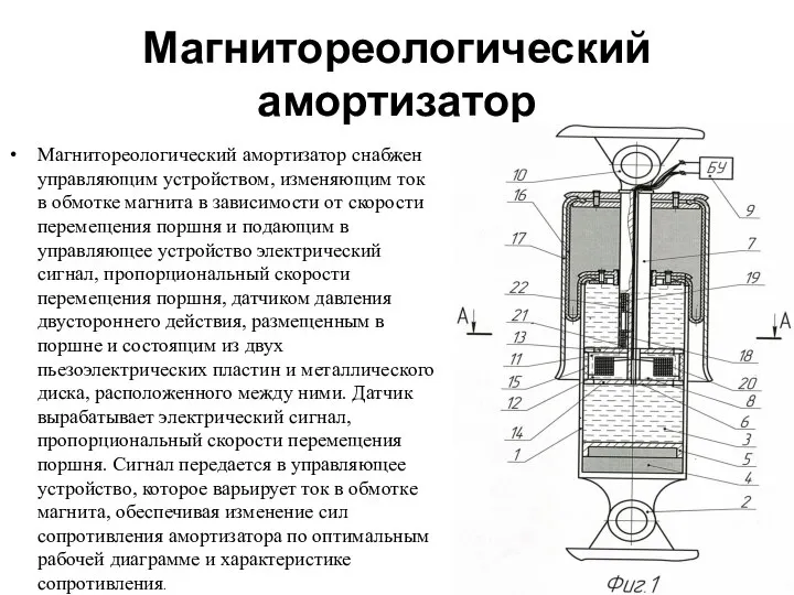 Магнитореологический амортизатор Магнитореологический амортизатор снабжен управляющим устройством, изменяющим ток в обмотке