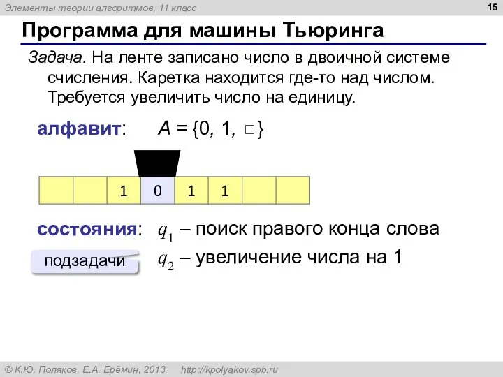 Программа для машины Тьюринга Задача. На ленте записано число в двоичной