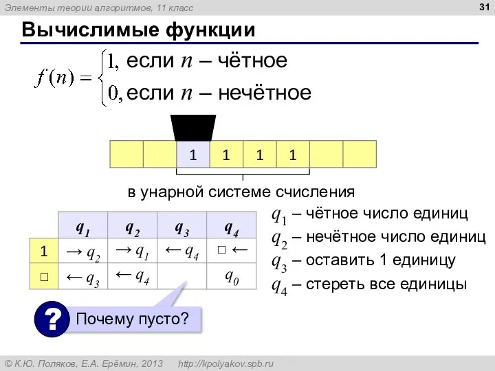 Вычислимые функции q1 – чётное число единиц q2 – нечётное число