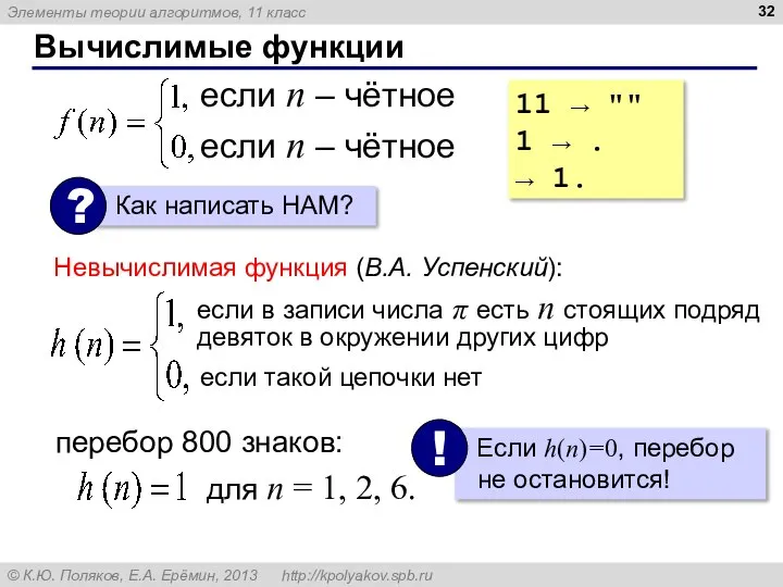 Вычислимые функции 11 → "" 1 → . → 1. Невычислимая