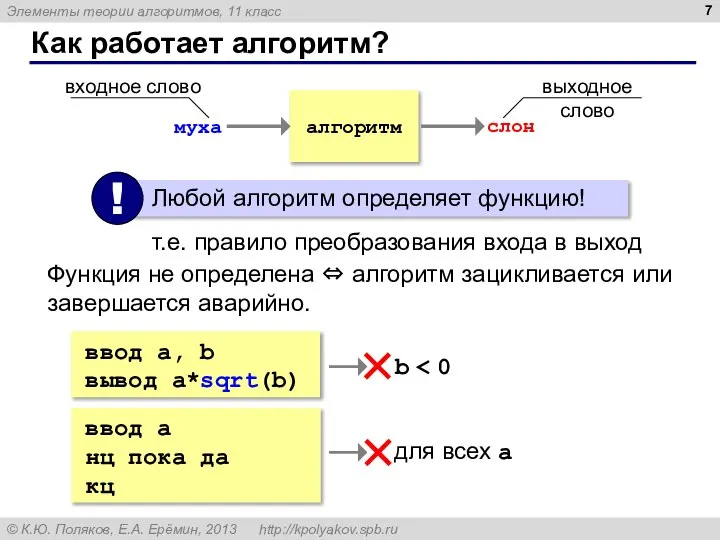 Как работает алгоритм? т.е. правило преобразования входа в выход Функция не