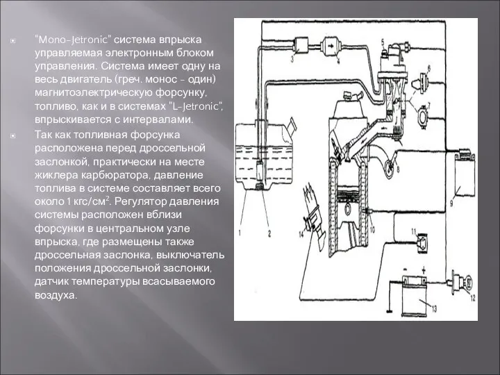 "Mono-Jetronic" система впрыска управляемая электронным блоком управления. Система имеет одну на