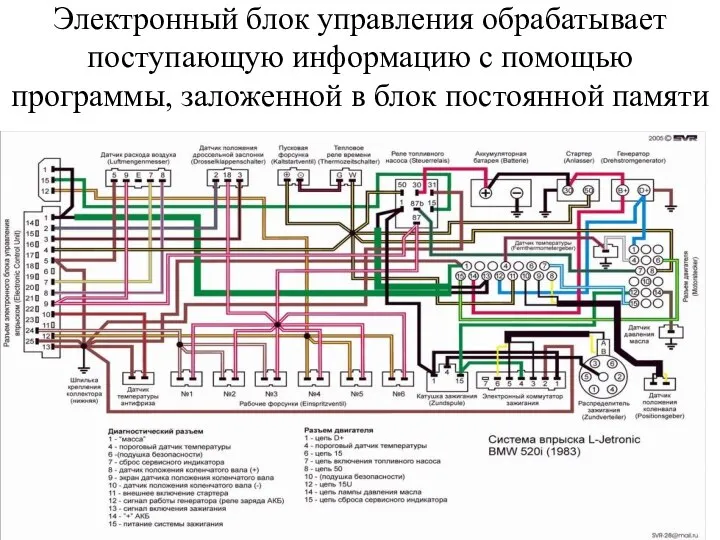 Электронный блок управления обрабатывает поступающую информацию с помощью программы, заложенной в блок постоянной памяти