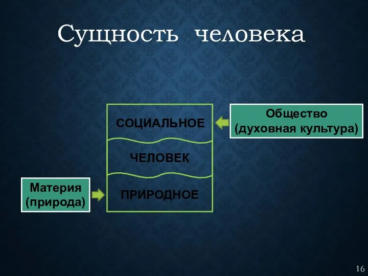 Сущность человека Общество (духовная культура) Материя (природа)