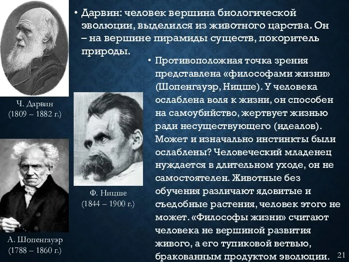 Противоположная точка зрения представлена «философами жизни» (Шопенгауэр, Ницше). У человека ослаблена