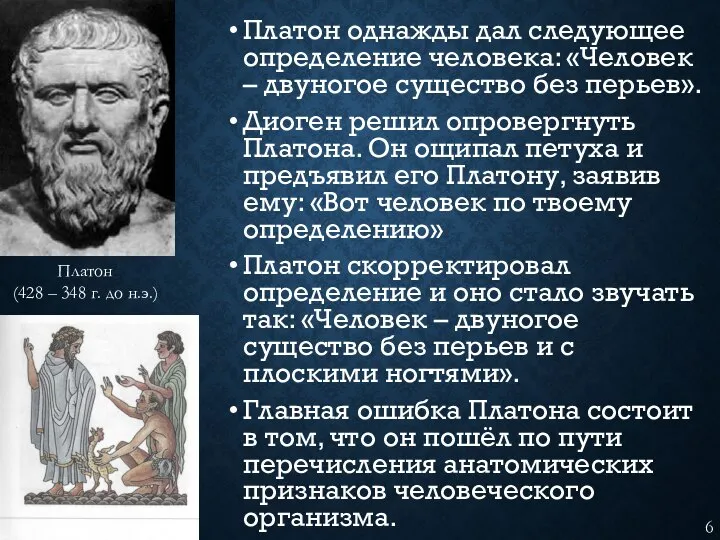 Платон однажды дал следующее определение человека: «Человек – двуногое существо без