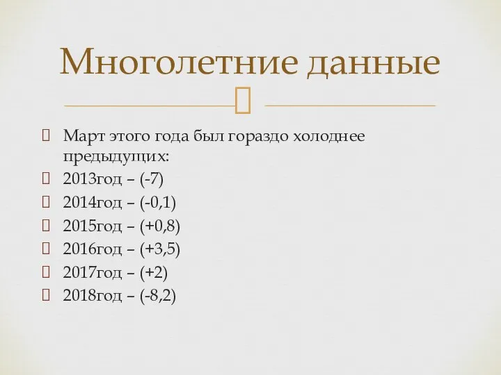 Март этого года был гораздо холоднее предыдущих: 2013год – (-7) 2014год