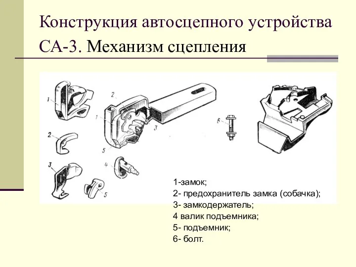 Конструкция автосцепного устройства СА-3. Механизм сцепления 1-замок; 2- предохранитель замка (собачка);