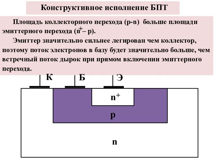 Конструктивное исполнение БПТ Площадь коллекторного перехода (p-n) больше площади эмиттерного перехода