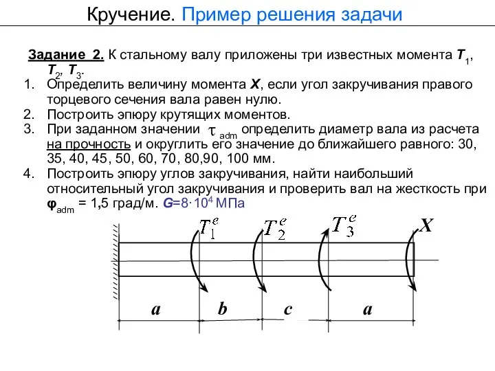 Кручение. Пример решения задачи Задание 2. К стальному валу приложены три