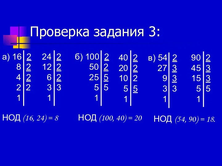 Проверка задания 3: НОД (54, 90) = 18. НОД (16, 24)