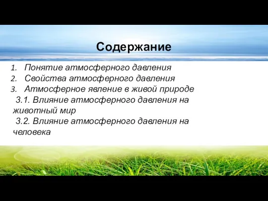 Содержание Понятие атмосферного давления Свойства атмосферного давления Атмосферное явление в живой