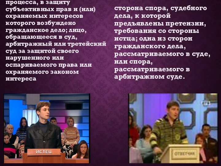 Истец – участник гражданского процесса, в защиту субъективных прав и (или)