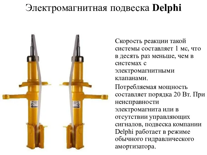 Электромагнитная подвеска Delphi Скорость реакции такой системы составляет 1 мс, что