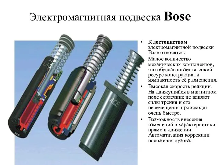 Электромагнитная подвеска Bose К достоинствам электромагнитной подвески Bose относятся: Малое количество