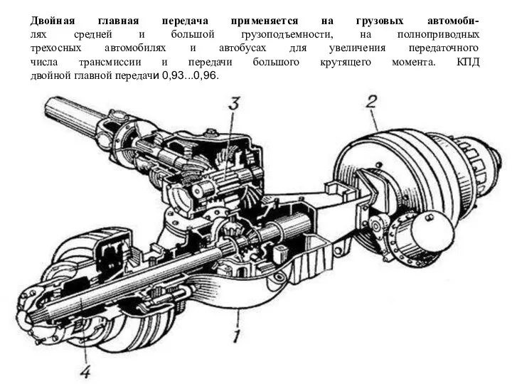 Двойная главная передача применяется на грузовых автомоби- лях средней и большой