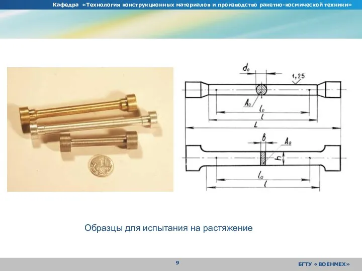 Кафедра «Технология конструкционных материалов и производство ракетно-космической техники» БГТУ «ВОЕНМЕХ» Образцы для испытания на растяжение