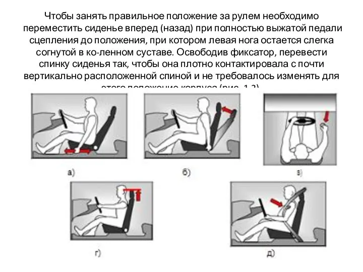 Чтобы занять правильное положение за рулем необходимо переместить сиденье вперед (назад)