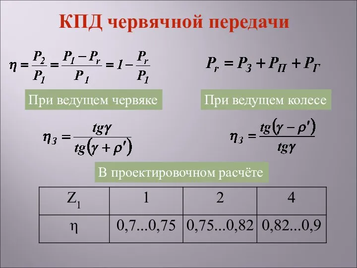 При ведущем червяке При ведущем колесе В проектировочном расчёте КПД червячной передачи