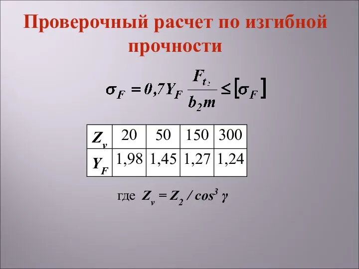 где Zv = Z2 / cos3 γ Проверочный расчет по изгибной прочности