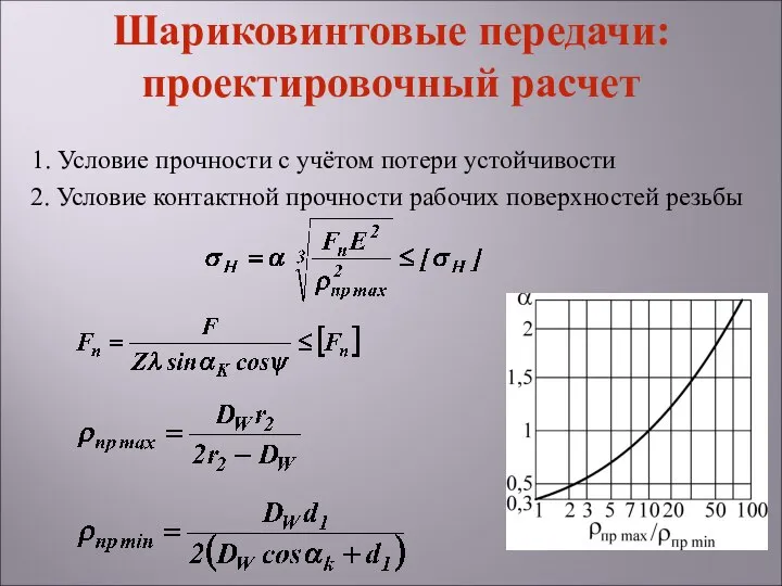 1. Условие прочности с учётом потери устойчивости 2. Условие контактной прочности