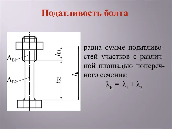 равна сумме податливо-стей участков с различ-ной площадью попереч-ного сечения: λБ = λ1 + λ2 Податливость болта