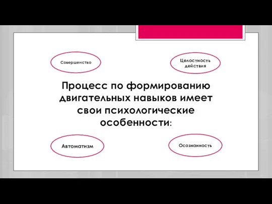 Процесс по формированию двигательных навыков имеет свои психологические особенности: Целостность действия Совершенство Автоматизм Осознанность